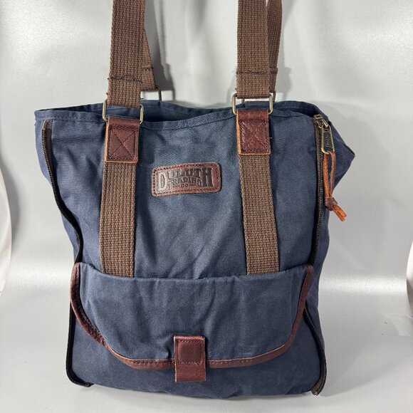 Duluth Trading Co Waxed Blue Brown Canvas Leather Expandable Day Travel Bag - Picture 1 of 13